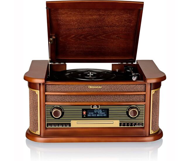 Roadstar hif-1996d+bt tocadiscos de vinilo vintage, acabado madera, radio dab dab+ fm, reproductor cd, cassette, usb, madera