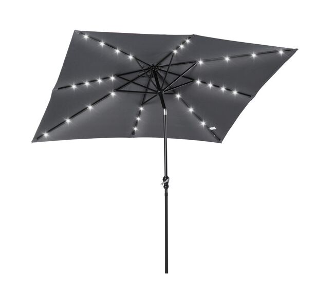 Outsunny sombrilla terraza exterior 2,7x2x2,5 m sombrilla de jardín con techo inclinable hasta 45° luces led solares poste de acero y manivela parasol para patio terraza gris oscuro