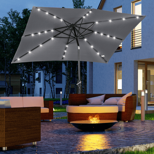 Outsunny Chapéu de Sol com Luzes LED 268x205x248 cm Chapéu de Sol de Jardim Inclinável até 45° Anti-UV e Abertura a Manivela para Pátio Varanda Cinza Escuro Outsunny Chapéu de Sol com Luzes LED 268x205x248 cm Chapéu de Sol de Jardim Inclinável até 45° Anti-UV e Abertura a Manivela para Pátio Varanda Cinza Escuro