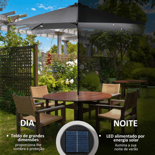 Outsunny Chapéu de Sol com Luzes LED 268x205x248 cm Chapéu de Sol de Jardim Inclinável até 45° Anti-UV e Abertura a Manivela para Pátio Varanda Cinza Escuro Outsunny Chapéu de Sol com Luzes LED 268x205x248 cm Chapéu de Sol de Jardim Inclinável até 45° Anti-UV e Abertura a Manivela para Pátio Varanda Cinza Escuro