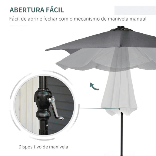 Outsunny Chapéu de Sol com Luzes LED 268x205x248 cm Chapéu de Sol de Jardim Inclinável até 45° Anti-UV e Abertura a Manivela para Pátio Varanda Cinza Escuro Outsunny Chapéu de Sol com Luzes LED 268x205x248 cm Chapéu de Sol de Jardim Inclinável até 45° Anti-UV e Abertura a Manivela para Pátio Varanda Cinza Escuro