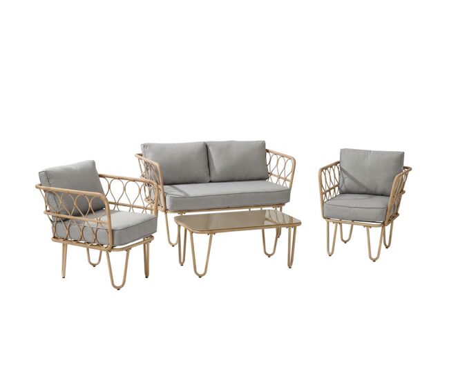 Outsunny conjunto de jardín de ratán sintético juego de 4 piezas muebles de jardín con sofá de 2 plazas 2 sillones y mesa de centro con encimera de cristal y cojines extraíbles natural y gris