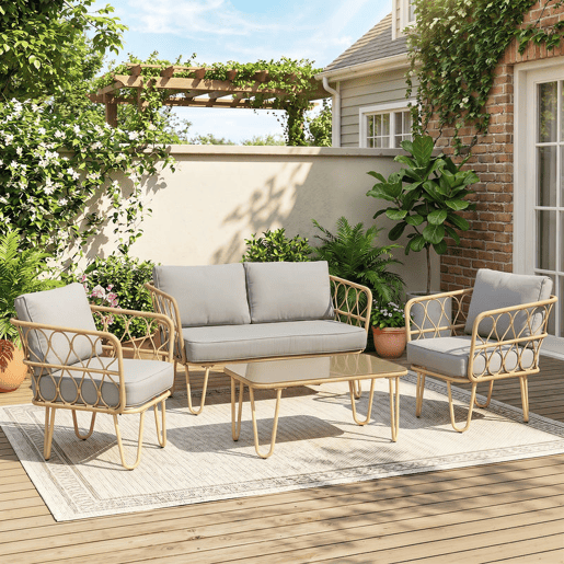 Outsunny Conjunto de Jardim de 4 Peças em Vime Sintético com 2 Poltronas 1 Sofá de 2 Lugares 1 Mesa de Centro e Almofadas Natural e Cinza