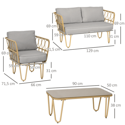 Outsunny Conjunto de Jardim de 4 Peças em Vime Sintético com 2 Poltronas 1 Sofá de 2 Lugares 1 Mesa de Centro e Almofadas Natural e Cinza