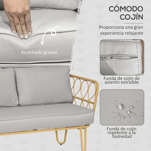 Outsunny Conjunto de Jardim de 4 Peças em Vime Sintético com 2 Poltronas 1 Sofá de 2 Lugares 1 Mesa de Centro e Almofadas Natural e Cinza