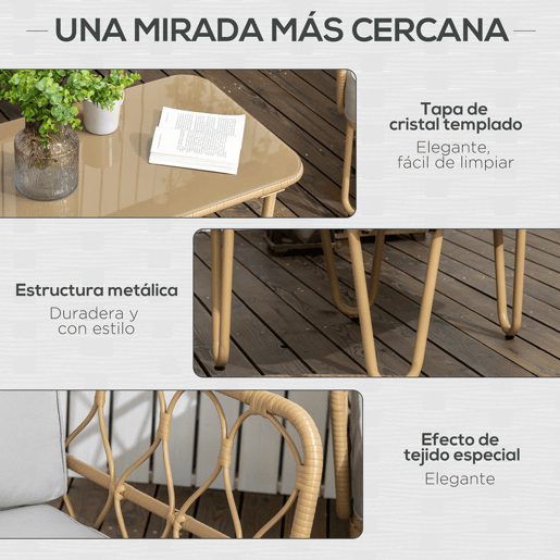 Outsunny Conjunto de Jardim de 4 Peças em Vime Sintético com 2 Poltronas 1 Sofá de 2 Lugares 1 Mesa de Centro e Almofadas Natural e Cinza