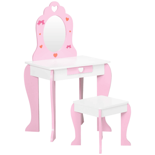 ZONEKIZ Toucador Infantil com Banco e Espelho Toucador Infantil de Madeira com Gaveta Mesa de Maquilhagem para Crianças entre 3-6 Anos 50x36,5x89,5cm Rosa