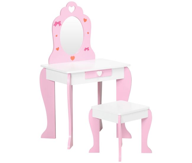 Zonekiz tocador infantil de madera tocador para niñas con taburete y espejo tocador de maquillaje para niñas de 3-6 años con cajón 50x36,5x89,5 cm rosa