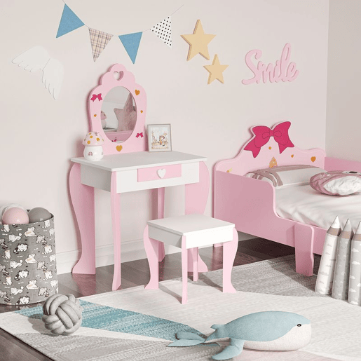 ZONEKIZ Toucador Infantil com Banco e Espelho Toucador Infantil de Madeira com Gaveta Mesa de Maquilhagem para Crianças entre 3-6 Anos 50x36,5x89,5cm Rosa