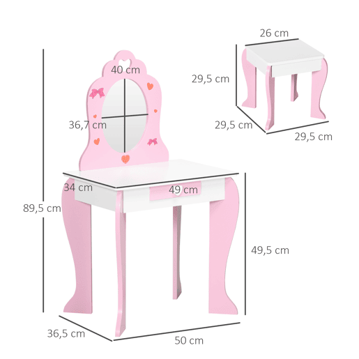 ZONEKIZ Toucador Infantil com Banco e Espelho Toucador Infantil de Madeira com Gaveta Mesa de Maquilhagem para Crianças entre 3-6 Anos 50x36,5x89,5cm Rosa
