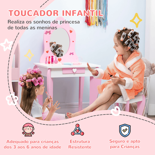 ZONEKIZ Toucador Infantil com Banco e Espelho Toucador Infantil de Madeira com Gaveta Mesa de Maquilhagem para Crianças entre 3-6 Anos 50x36,5x89,5cm Rosa
