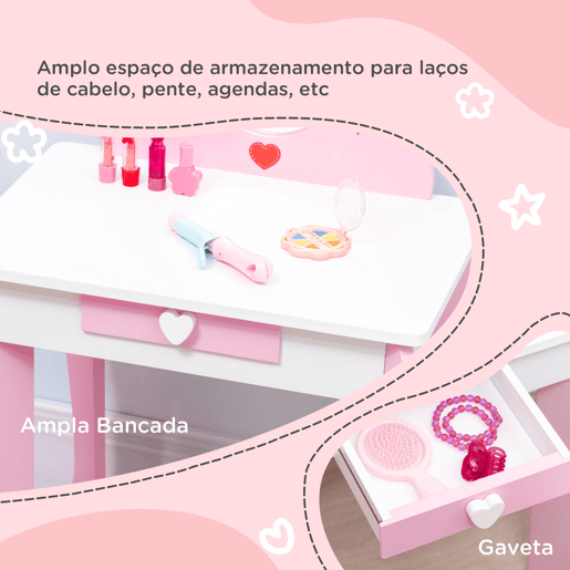 ZONEKIZ Toucador Infantil com Banco e Espelho Toucador Infantil de Madeira com Gaveta Mesa de Maquilhagem para Crianças entre 3-6 Anos 50x36,5x89,5cm Rosa