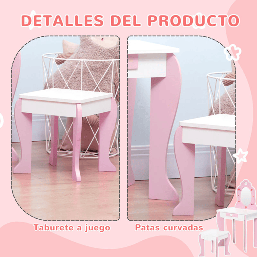 ZONEKIZ Toucador Infantil com Banco e Espelho Toucador Infantil de Madeira com Gaveta Mesa de Maquilhagem para Crianças entre 3-6 Anos 50x36,5x89,5cm Rosa