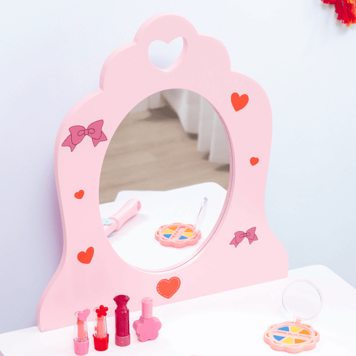 ZONEKIZ Toucador Infantil com Banco e Espelho Toucador Infantil de Madeira com Gaveta Mesa de Maquilhagem para Crianças entre 3-6 Anos 50x36,5x89,5cm Rosa