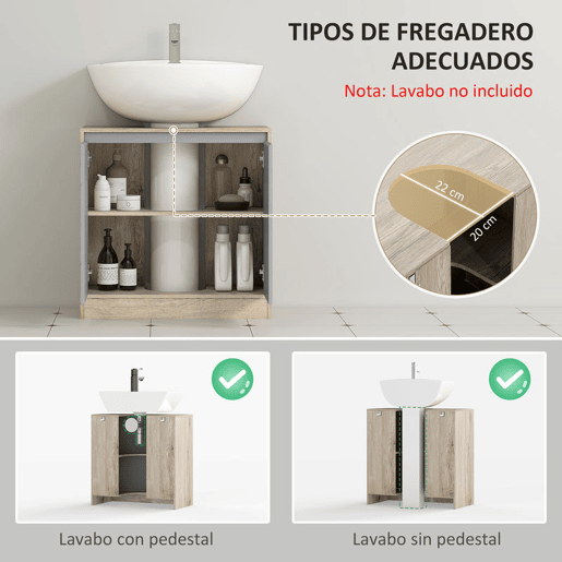 HOMCOM Móvel para Lavatório Casa de Banho Móvel Casa de Banho com Porta Dupla e Prateleira Ajustável Carga 50kg 60x30x59,8 cm Carvalho e Cinza