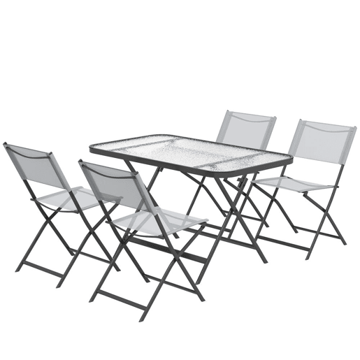 Outsunny Conjunto de Refeição Mesa e 4 Cadeiras Dobráveis Conjunto de Refeição de 5 Peças com Mesa de Vidro Temperado Estilo Moderno para Varanda Pátio Cinza