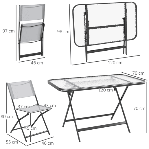 Outsunny Conjunto de Refeição Mesa e 4 Cadeiras Dobráveis Conjunto de Refeição de 5 Peças com Mesa de Vidro Temperado Estilo Moderno para Varanda Pátio Cinza