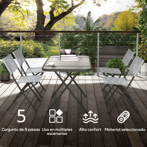 Outsunny Conjunto de Refeição Mesa e 4 Cadeiras Dobráveis Conjunto de Refeição de 5 Peças com Mesa de Vidro Temperado Estilo Moderno para Varanda Pátio Cinza