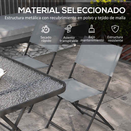 Outsunny Conjunto de Refeição Mesa e 4 Cadeiras Dobráveis Conjunto de Refeição de 5 Peças com Mesa de Vidro Temperado Estilo Moderno para Varanda Pátio Cinza