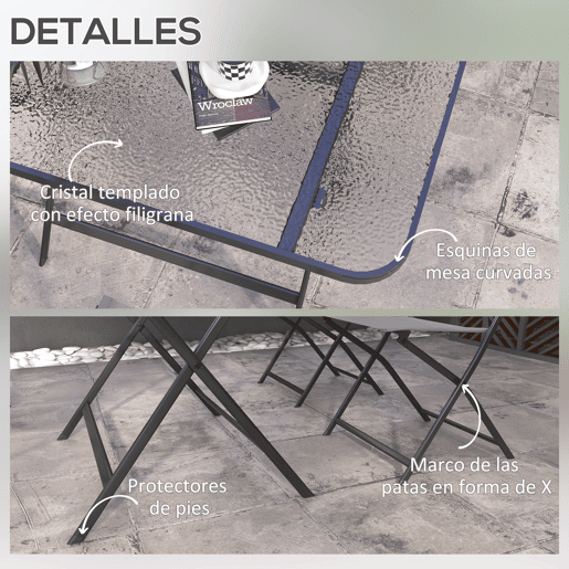 Outsunny Conjunto de Refeição Mesa e 4 Cadeiras Dobráveis Conjunto de Refeição de 5 Peças com Mesa de Vidro Temperado Estilo Moderno para Varanda Pátio Cinza