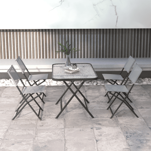 Outsunny Conjunto de Refeição Mesa e 4 Cadeiras Dobráveis Conjunto de Refeição de 5 Peças com Mesa de Vidro Temperado Estilo Moderno para Varanda Pátio Cinza