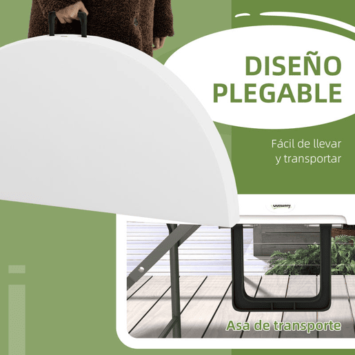 Outsunny Mesa de Jardim Redonda Mesa de Varanda Dobrável com Estrutura de Aço e Bancada de HDPE Carga Máxima 80 kg para Pátio Varada Ø122x73 cm Branco