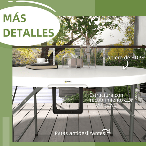 Outsunny Mesa de Jardim Redonda Mesa de Varanda Dobrável com Estrutura de Aço e Bancada de HDPE Carga Máxima 80 kg para Pátio Varada Ø122x73 cm Branco