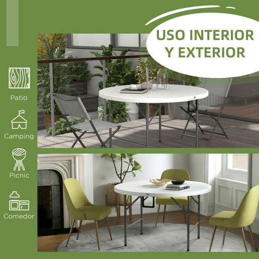 Outsunny Mesa de Jardim Redonda Mesa de Varanda Dobrável com Estrutura de Aço e Bancada de HDPE Carga Máxima 80 kg para Pátio Varada Ø122x73 cm Branco