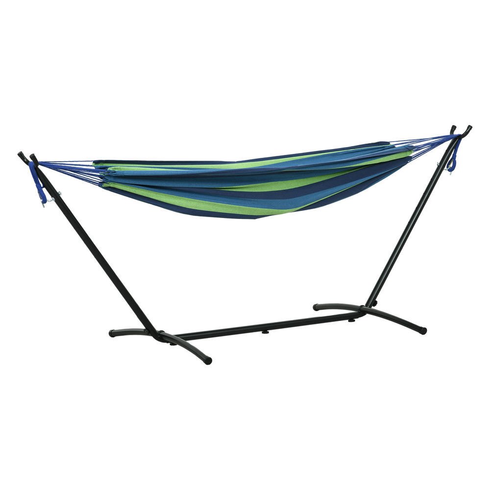 Outsunny hamaca con soporte 310x117 cm hamaca de camping con bolsa de transporte portátil altura ajustable carga 120 kg para patio terraza rayas verde y azul