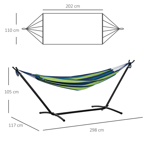 Outsunny Cama Rede com Suporte 298x117 cm Cama Rede de Campismo com Bolsa de Transporte Portátil Altura Ajustável Capacidade 120 kg para Pátio Varanda Verde e Azul