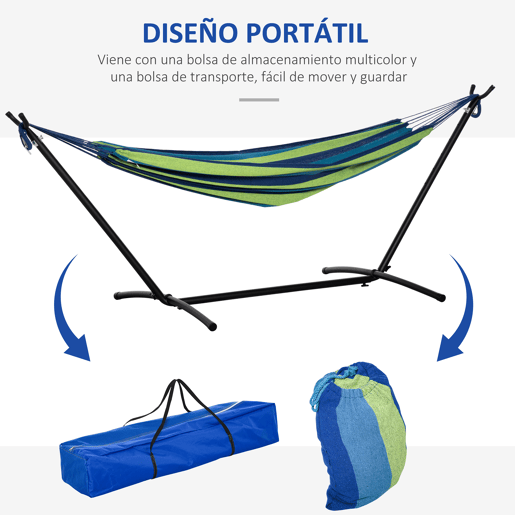 Outsunny Cama Rede com Suporte 298x117 cm Cama Rede de Campismo com Bolsa de Transporte Portátil Altura Ajustável Capacidade 120 kg para Pátio Varanda Verde e Azul
