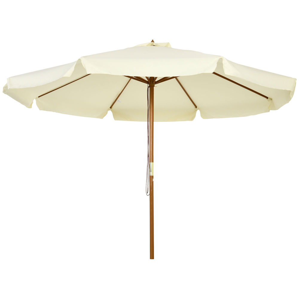 Outsunny sombrilla terraza exterior ø325 cm sombrilla de jardín con sistema de polea techo ventilado 8 varillas de bambú y poste de madera parasol para patio terraza crema