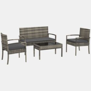 Outsunny Conjunto Móveis de Jardim em Vime Sintético Conjunto de 4 Peças Móveis de Jardim com 2 Poltronas 1 Sofá de 2 Lugares e 1 Mesa de Centro com Bancada de Vidro para Pátio Cinza