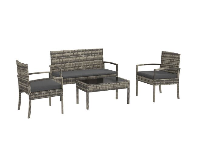 Outsunny conjunto de jardín de ratán sintético juego de 4 piezas muebles de jardín con 2 sillones 1 sofá de 2 plazas y 1 mesa de centro de tablero de vidrio anti-uv para patio gris