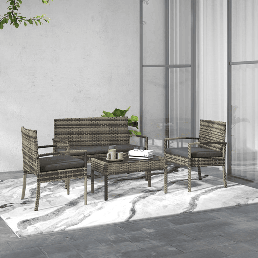 Outsunny Conjunto Móveis de Jardim em Vime Sintético Conjunto de 4 Peças Móveis de Jardim com 2 Poltronas 1 Sofá de 2 Lugares e 1 Mesa de Centro com Bancada de Vidro para Pátio Cinza