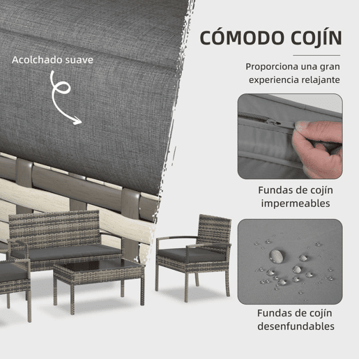 Outsunny Conjunto Móveis de Jardim em Vime Sintético Conjunto de 4 Peças Móveis de Jardim com 2 Poltronas 1 Sofá de 2 Lugares e 1 Mesa de Centro com Bancada de Vidro para Pátio Cinza