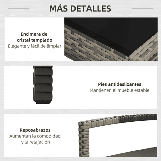 Outsunny Conjunto Móveis de Jardim em Vime Sintético Conjunto de 4 Peças Móveis de Jardim com 2 Poltronas 1 Sofá de 2 Lugares e 1 Mesa de Centro com Bancada de Vidro para Pátio Cinza