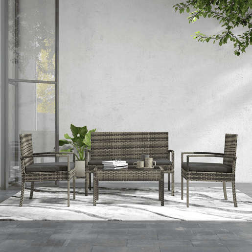 Outsunny Conjunto Móveis de Jardim em Vime Sintético Conjunto de 4 Peças Móveis de Jardim com 2 Poltronas 1 Sofá de 2 Lugares e 1 Mesa de Centro com Bancada de Vidro para Pátio Cinza