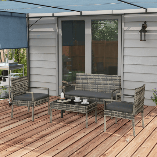 Outsunny Conjunto Móveis de Jardim em Vime Sintético Conjunto de 4 Peças Móveis de Jardim com 2 Poltronas 1 Sofá de 2 Lugares e 1 Mesa de Centro com Bancada de Vidro para Pátio Cinza