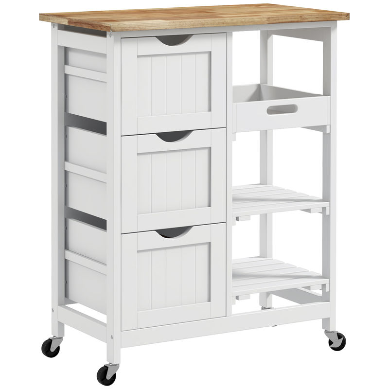 Homcom carro de cocina, carrito auxiliar con ruedas, tablero de madera, 3 cajones, 2 estantes abiertos y bandeja extraíble, para comedor salón,