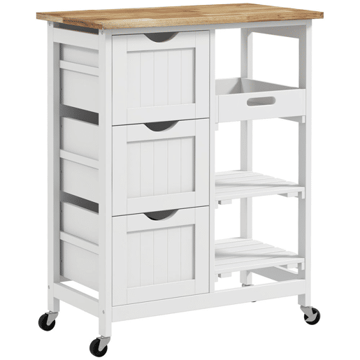HOMCOM Carrinho de Cozinha com Rodas Carrinho de Serviço Multiuso com 3 Gavetas 2 Prateleiras Abertas e Bandeja para Sala de Jantar Sala de Estar 67x37x85,5cm Branco