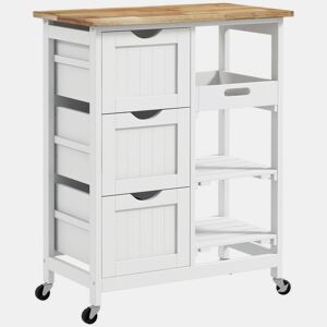 HOMCOM Carrinho de Cozinha com Rodas Carrinho de Serviço Multiuso com 3 Gavetas 2 Prateleiras Abertas e Bandeja para Sala de Jantar Sala de Estar 67x37x85,5cm Branco