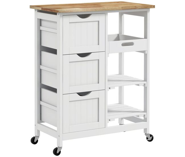 Homcom carro de cocina, carrito auxiliar con ruedas, tablero de madera, 3 cajones, 2 estantes abiertos y bandeja extraíble, para comedor salón,