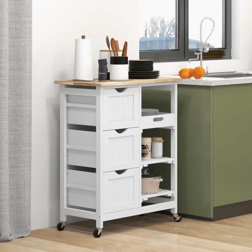 HOMCOM Carrinho de Cozinha com Rodas Carrinho de Serviço Multiuso com 3 Gavetas 2 Prateleiras Abertas e Bandeja para Sala de Jantar Sala de Estar 67x37x85,5cm Branco