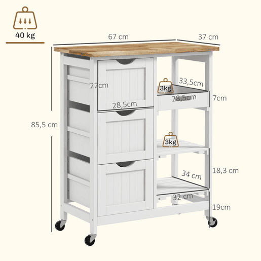 HOMCOM Carrinho de Cozinha com Rodas Carrinho de Serviço Multiuso com 3 Gavetas 2 Prateleiras Abertas e Bandeja para Sala de Jantar Sala de Estar 67x37x85,5cm Branco