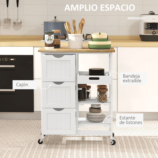 HOMCOM Carrinho de Cozinha com Rodas Carrinho de Serviço Multiuso com 3 Gavetas 2 Prateleiras Abertas e Bandeja para Sala de Jantar Sala de Estar 67x37x85,5cm Branco