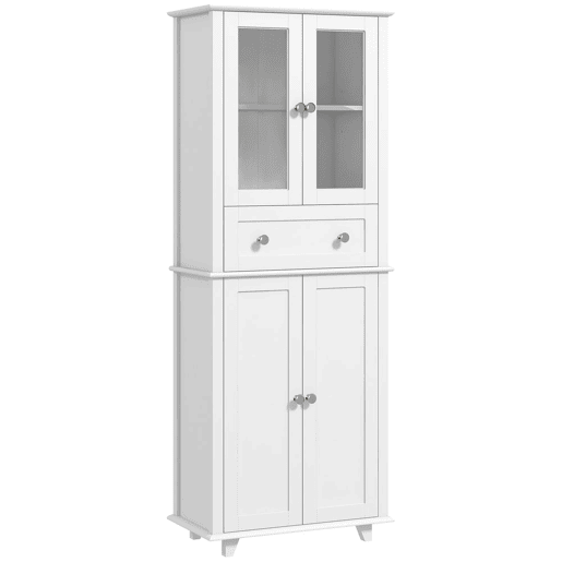 HOMCOM Armário de Cozinha Móvel Auxiliar de Cozinha com 2 Portas de Vidro Temperado Gaveta e Prateleiras Ajustáveis para Sala 61x35x168,5 cm Branco