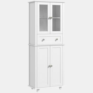 HOMCOM Armário de Cozinha Móvel Auxiliar de Cozinha com 2 Portas de Vidro Temperado Gaveta e Prateleiras Ajustáveis para Sala 61x35x168,5 cm Branco