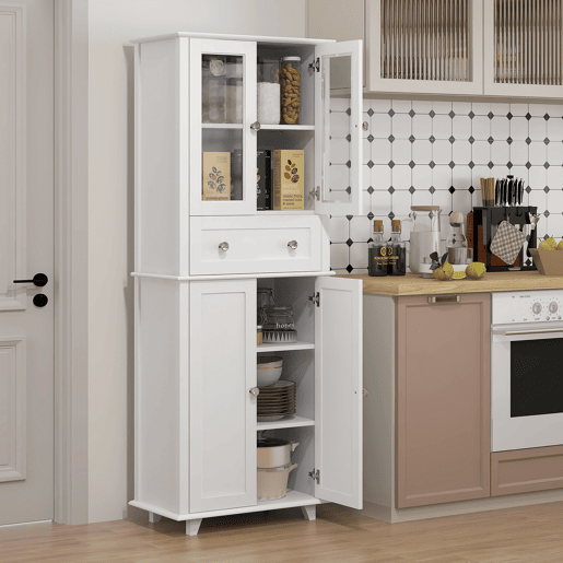 HOMCOM Armário de Cozinha Móvel Auxiliar de Cozinha com 2 Portas de Vidro Temperado Gaveta e Prateleiras Ajustáveis para Sala 61x35x168,5 cm Branco