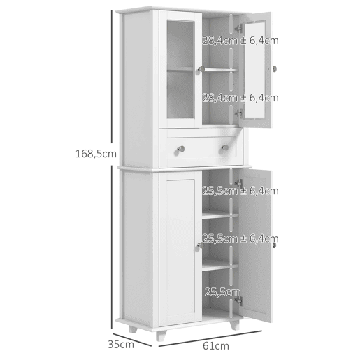 HOMCOM Armário de Cozinha Móvel Auxiliar de Cozinha com 2 Portas de Vidro Temperado Gaveta e Prateleiras Ajustáveis para Sala 61x35x168,5 cm Branco